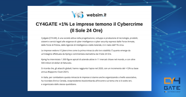 CY4GATE +1% Le imprese temono il Cybercrime (Il Sole 24 Ore)